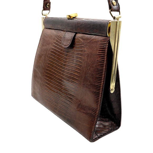 Vintage Brown Exotic Lizard Skin Kiss Lock Handbag - Picture 3 of 10